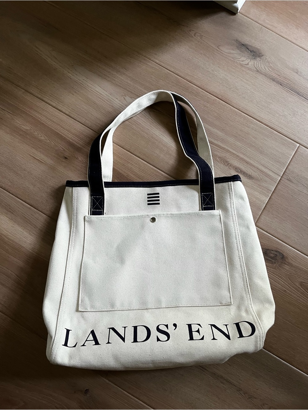 NEW Lands' End Cream Canvas Tote with Navy Trim and Handles